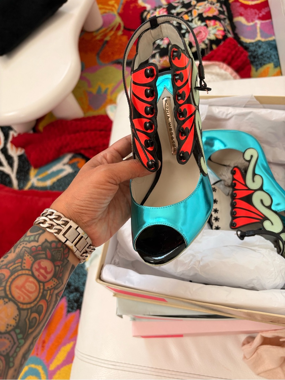 Sophia Webster Metallic Teal and Red Open-Toe Heels with Decorative Accents - Picture 2 of 5